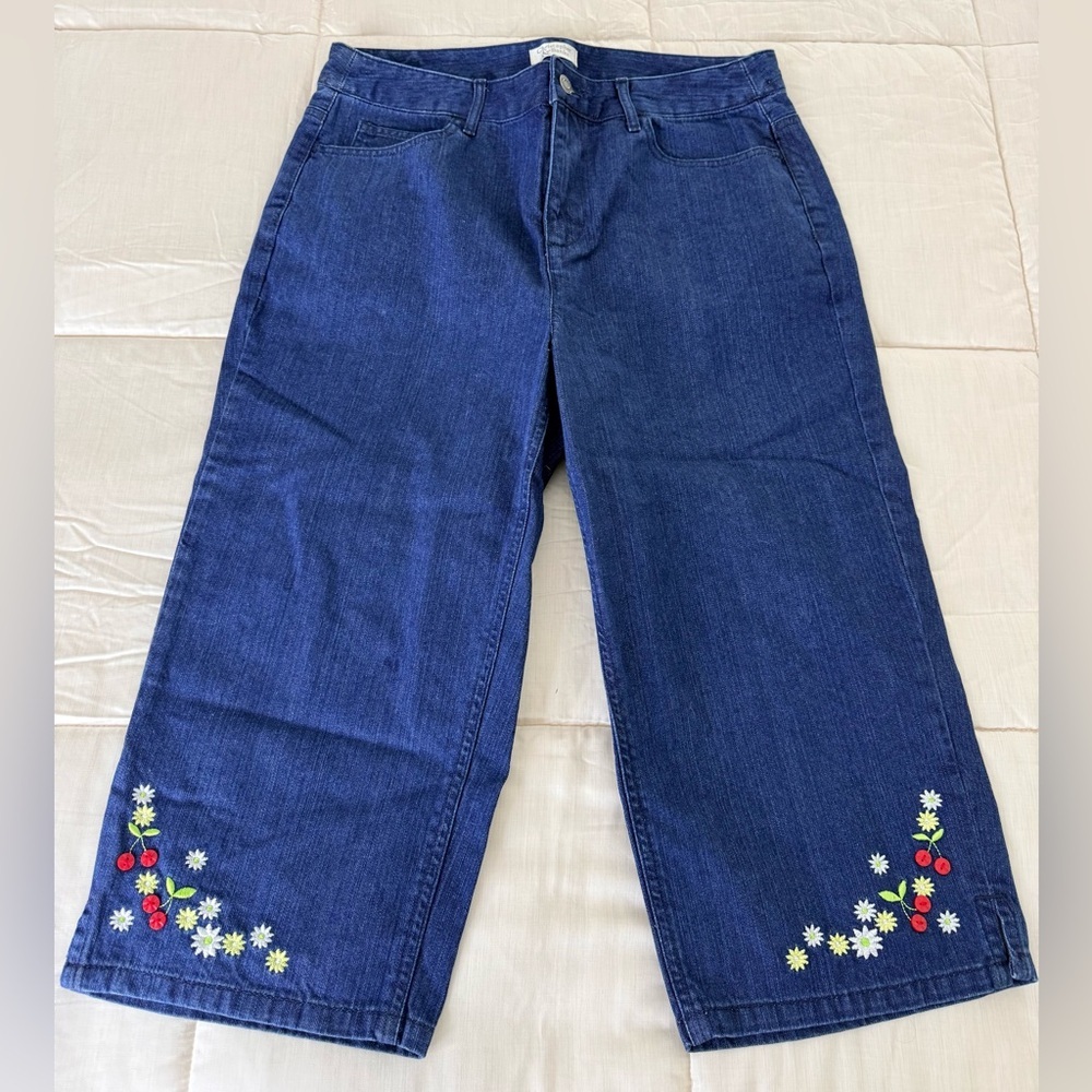 Christopher & Banks Dark Blue Cropped Wide-Leg Jeans with Floral Embroidery